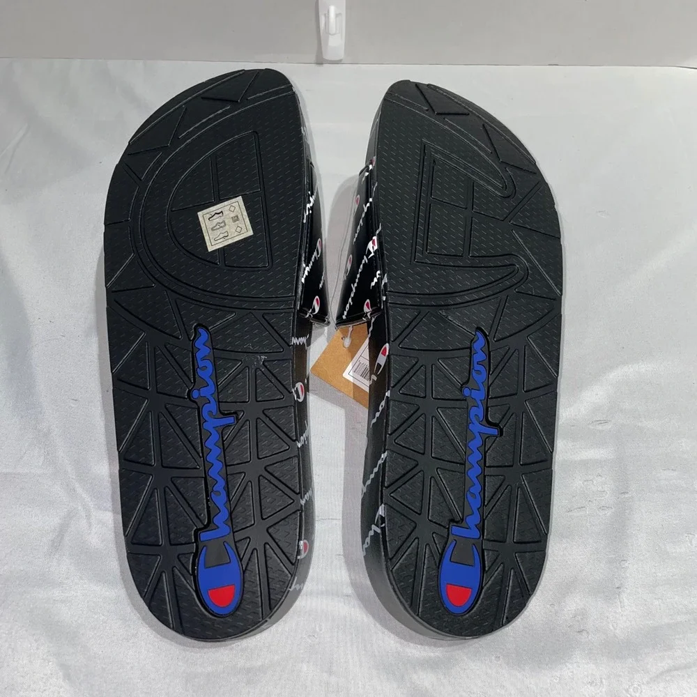 Champion IPO Repeat Script Black Red White Slides Mens Size 13 Sandals CM100798M